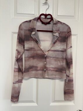 Motel Rocks Sheer Cropped Button-Up Blouse in Mauve and Taupe Watercolor